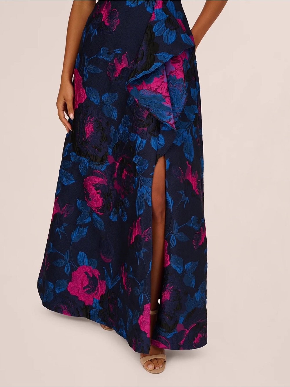 Adrianna Papell One Shoulder Floral Jacquard Gown In Navy Orchid NWT Size 4 - Picture 5 of 12
